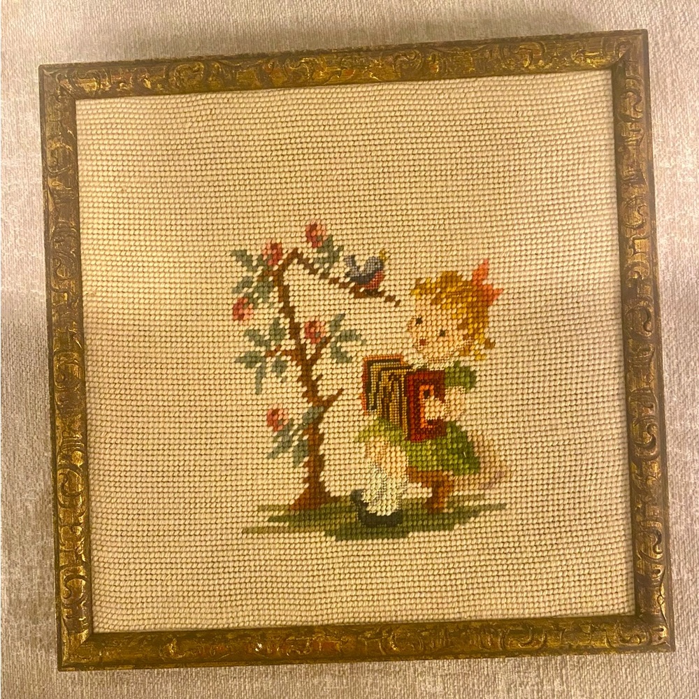 Vintage Needlepoint Gold Framed Art Work Decor 1968 signed & dated